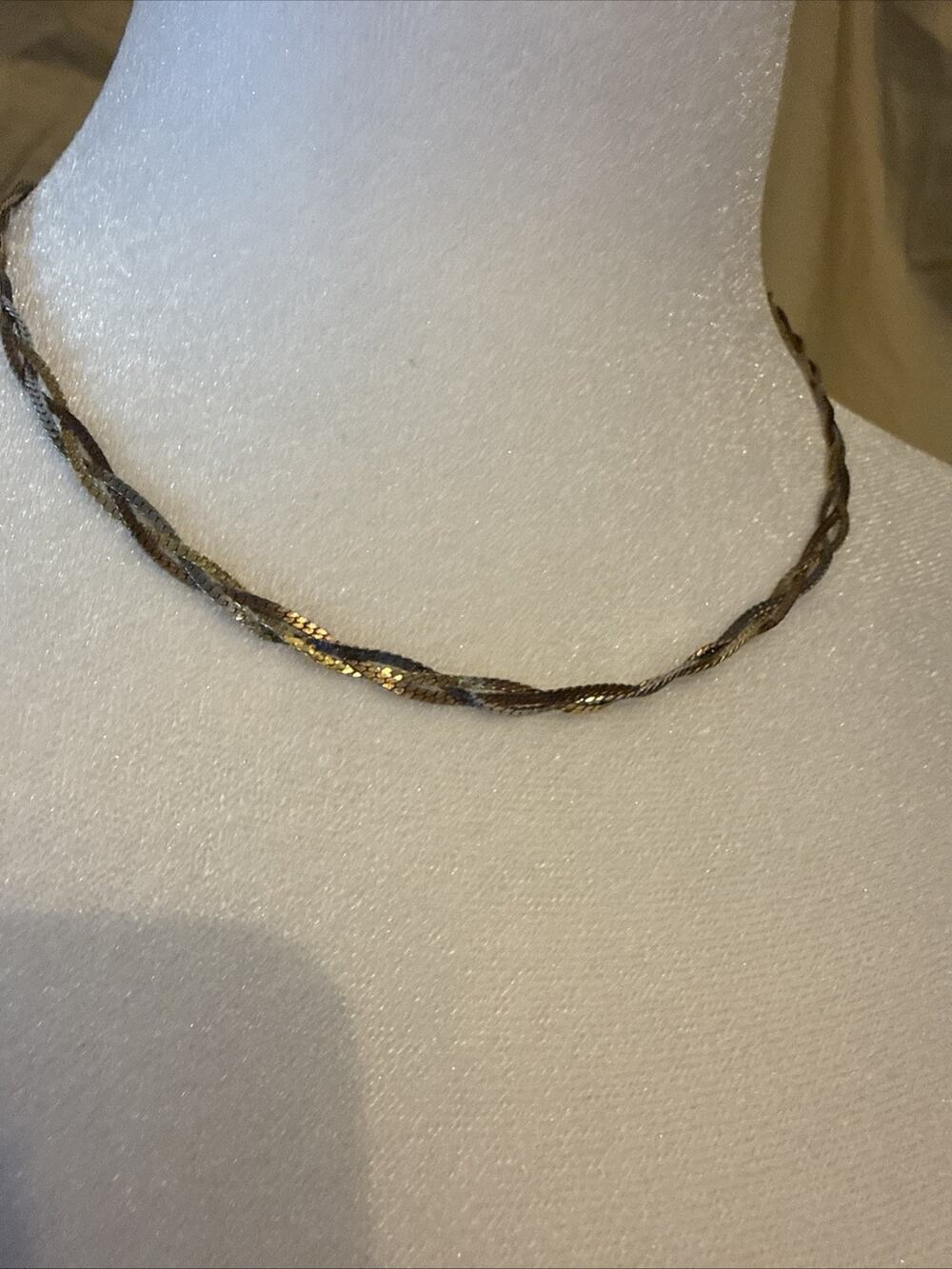 Vintage Three Tone Braided Style Herringbone Costume Jewelry Necklace